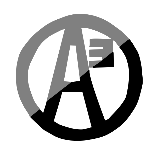 Agorism Logo: A letter A with a small 3 near the top right, enclosed in a circle. The logo is half black and half grey
