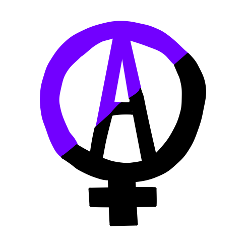 Anarcha-Feminism Logo: A letter A enclosed in a circle with a plus sign below it, similar to the venus symbol for "woman." The logo is half black and half purple