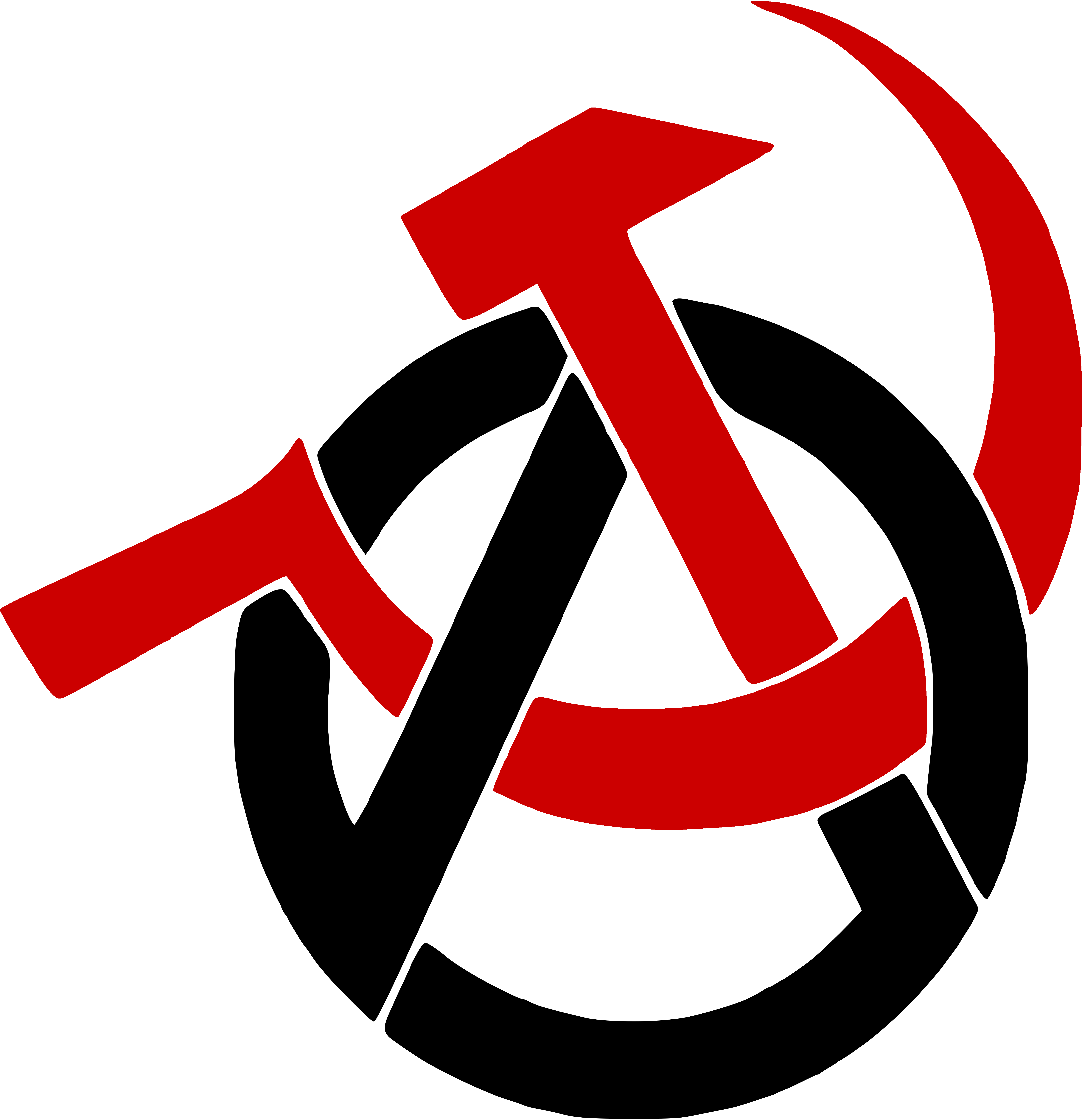 Anarcho-Communism Logo: A black A enclosed in a black circle with a red hammer and sickle replacing the middle and right side of the A