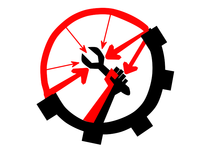 Anarcho-Syndicalism Logo: A fist holding a wrench enclosed in a circle. The logo is half black and half red. The black half of the circle has spokes like a cog and the red half has many arrows pointing inside the circle towards the wrench