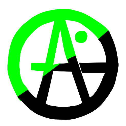Green Anarchism Logo: A letter A with an elongated middle line and a green dot above it, all enclosed in a circle. The logo is half green and half black