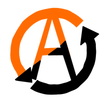 Mutualism Logo: A letter A surrounded by a circle composed of two arrows. The logo is half black and half orange.