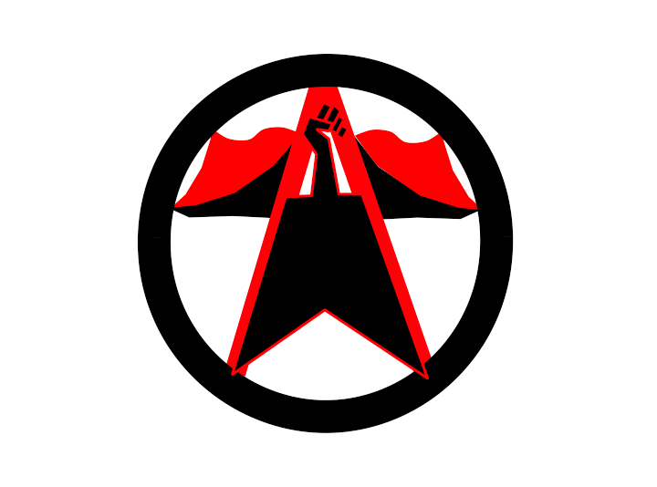 Platformism Logo: An arrow shape resembling the outline of an A flanked by two "wings" that resemble an open book. In the upper portion of the A there is a black fist. The logo is contained in a circle and is black with red highlights on the arrow and wing shapes