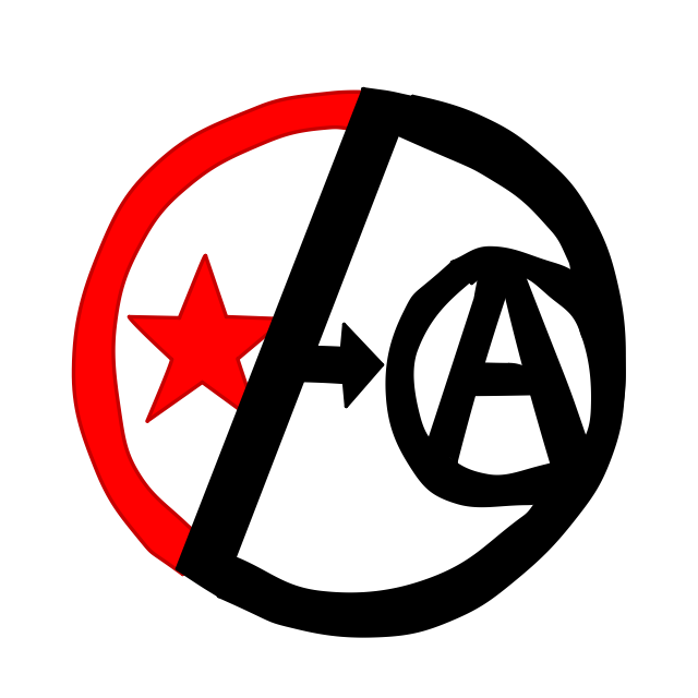 Post-Left Anarchy Logo: A circle divided unequally in two. The left side is a smaller portion in red with a star inside it. The right side is black with a smaller circle containing a letter A. The dividing line is black with a small arrow pointing towards the A on the right