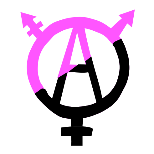 Queer Anarchism Logo: A letter A enclosed in a circle with three symbols radiating out from it: a plus sign, an arrow, and a combination of the two, resembling a trans symbol. The logo is half black and half lavender