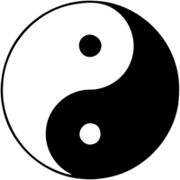 A taijitu, sometimes known as a yin yang symbol: A circle composed of two tear drop shapes that fit perfectly together. One is black with a white dot inside it and one is white with a black dot inside it