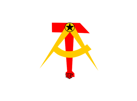 Autonomist Marxism Logo: A red hammer with a fist pointing down from the bottom of the handle. A yellow compass overlays the hammer, making a shape resembling a letter A. Where the compass and the head of the hammer join there is a black star in a circle.