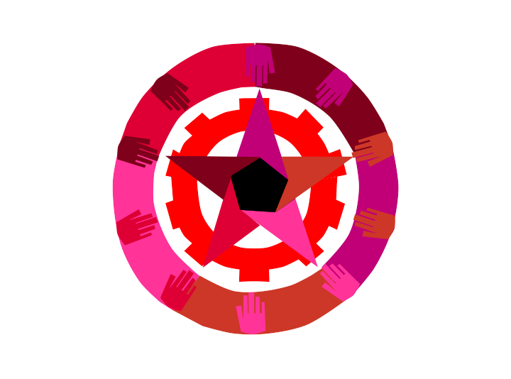 Council Communism Logo: A multicoloured star with a black pentagon in the centre is surrounded first by a red cog and then by a larger circle composed of multicoloured hands. The hands all point inwards towards the centre of the star. The colors are shades of pink, purple, and brown