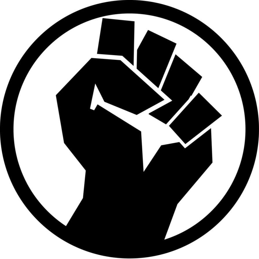 Raised Fist Logo: A black fist inside a black circle