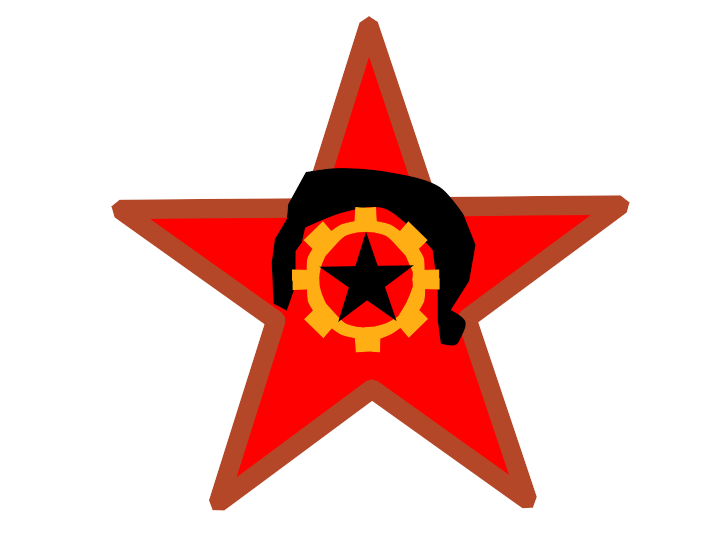 Luxemburgism Logo: A black star within a yellow cog with a black shape above it resembling hair or a hat. Beneath these elements is a larger red star with an orange outline