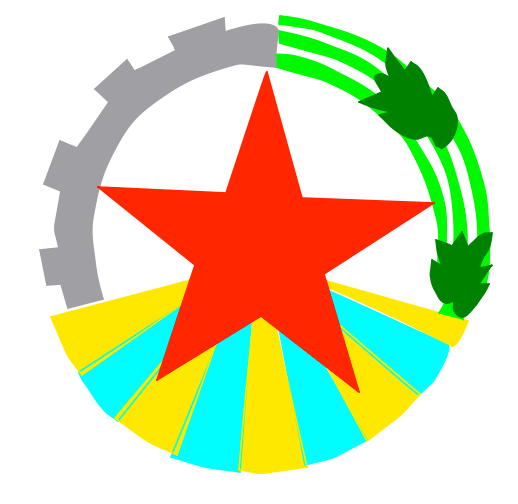 Communism Logo: A red star with a grey gear between its top and left points, green leaves between its top and right points and sun beams against a blue sky below it