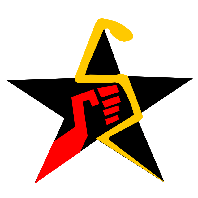 Libertarian Socialism Logo: a black star with a red fist and a yellow snake
