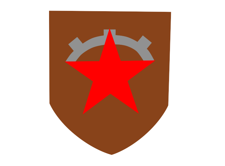 Guild Socialism Logo: A red star with a grey gear along its top 3 points, stamped on a brown shield