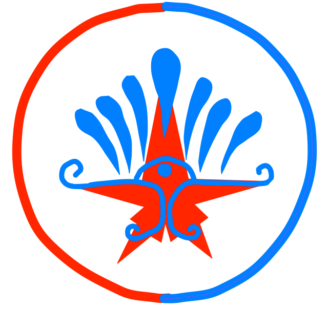 Utopianism Logo: A red modified star with a blue filigree eye design over it, enclosed in a blue and red circle