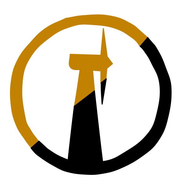 Post-Scarcity Anarchism Logo: A windmill shape enclosed in a circle that is half yellow and half black