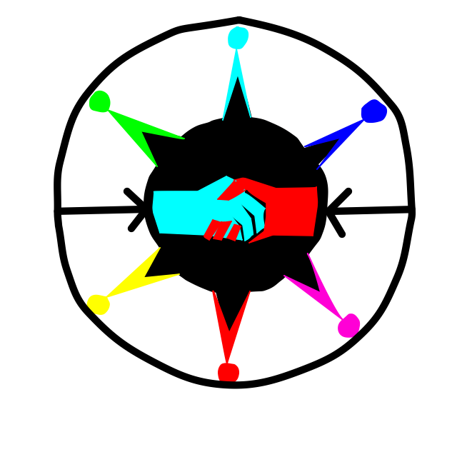 Inclusive Democracy Logo: Blue and red hands shaking in the centre of a black circle. The circle has differently colored spokes radiating out from it, which are in turn enclosed in an outer circle with two arrows pointing inwards