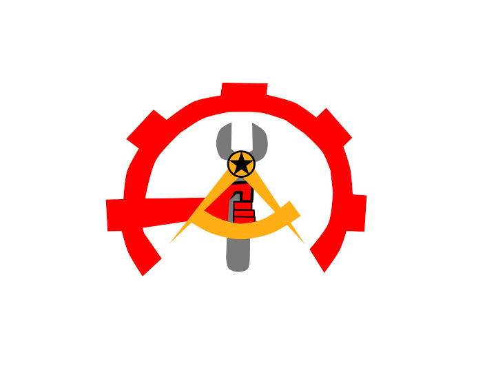 A grey wrench is overlaid with a yellow compass expanded to resemble an A. Where the compass and the head of the wrench meet there is a black star inside a circle. A red cog surrounds the top and sides of the logo, with a red fist extending from the left side to hold the wrench