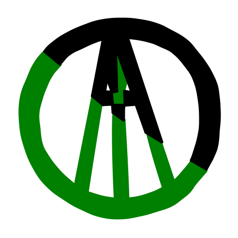 Anarcho-Primitivism Logo: A letter A enclosed in a circle that is half black and half green. A spear shape points up in the middle of the A.