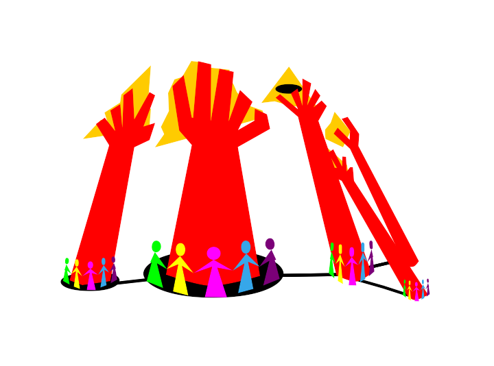 Libertarian Municipalism Logo: Connected groups of multicoloured people surround red hands that reach up to grab yellow triangles