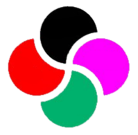 Participism Logo: Four interlocking solid circles in different colors: black, pink, green, and red.