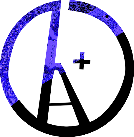 Anarcho-Transhumanism Logo: A circle A worked into the circle h+. The logo is half blue, half black.